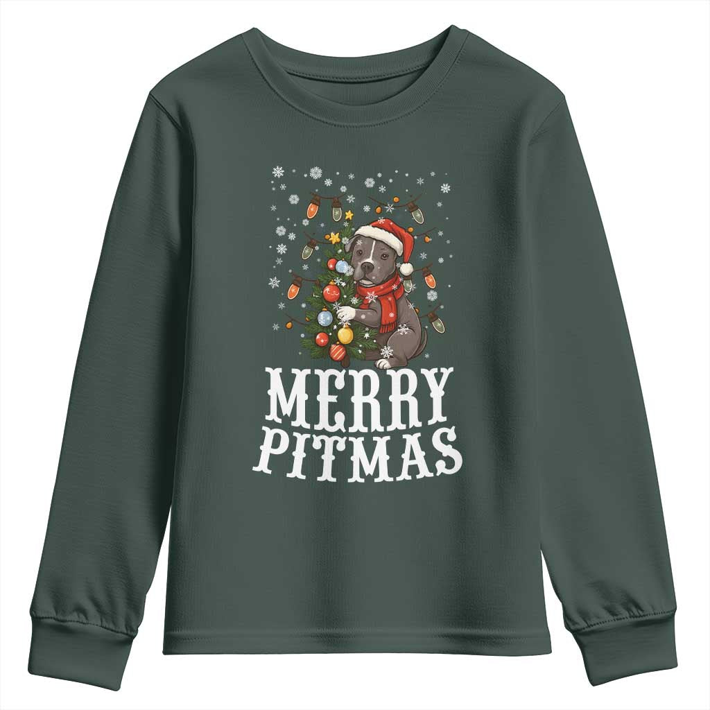Christmas Pitbull Youth Sweatshirt Funny Merry Pitmas Tree Hug TS12 Dark Forest Green Print Your Wear