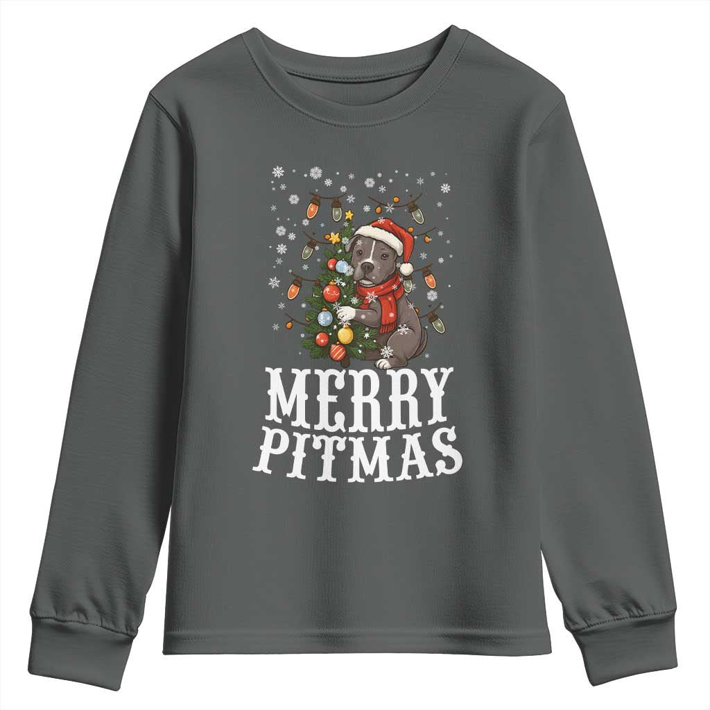 Christmas Pitbull Youth Sweatshirt Funny Merry Pitmas Tree Hug TS12 Dark Heather Print Your Wear