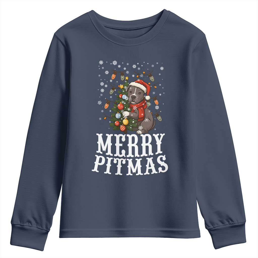 Christmas Pitbull Youth Sweatshirt Funny Merry Pitmas Tree Hug TS12 Navy Print Your Wear