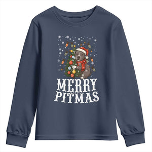 Christmas Pitbull Youth Sweatshirt Funny Merry Pitmas Tree Hug TS12 Navy Print Your Wear