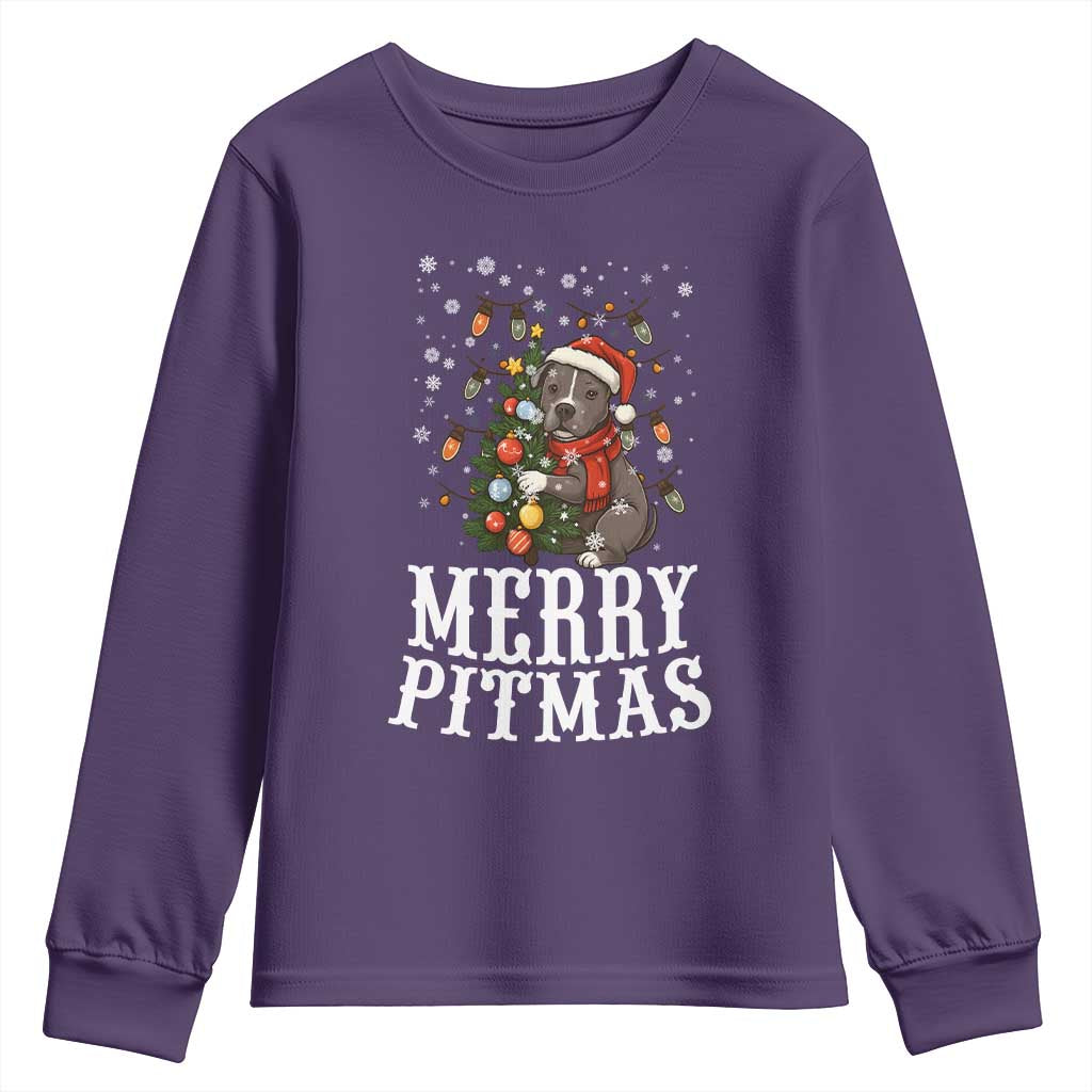 Christmas Pitbull Youth Sweatshirt Funny Merry Pitmas Tree Hug TS12 Purple Print Your Wear