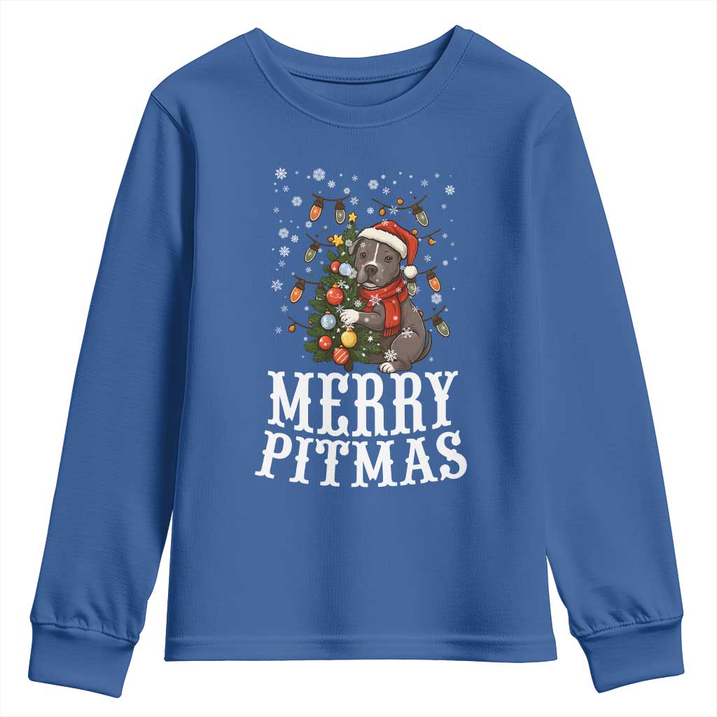 Christmas Pitbull Youth Sweatshirt Funny Merry Pitmas Tree Hug TS12 Royal Blue Print Your Wear