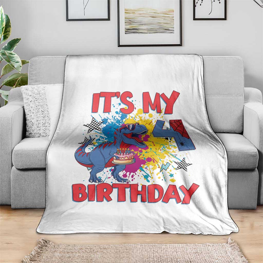 Dino Spider Its My 4th Birthday Throw Blanket Dinosaur Gift For Boys