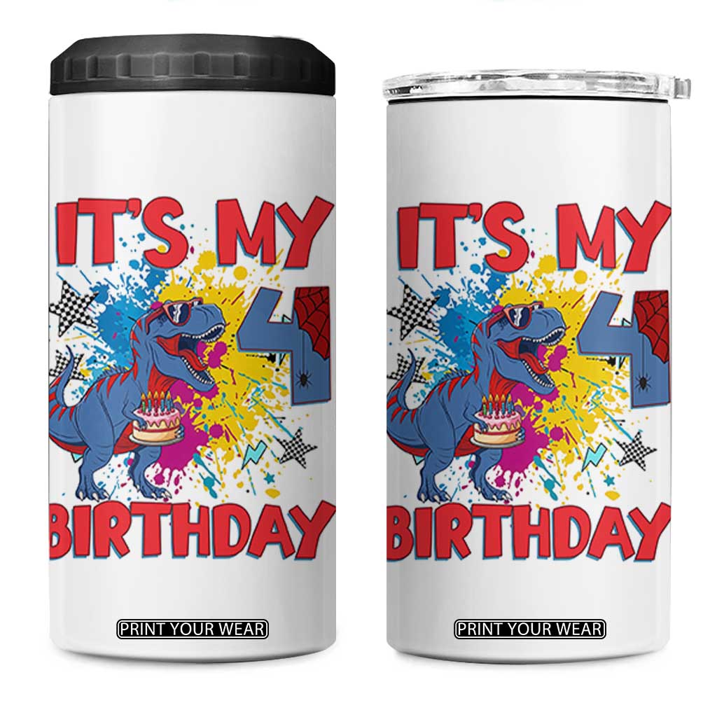 Dino Spider Its My 4th Birthday 4 in 1 Can Cooler Tumbler Dinosaur Gift For Boys TS12 One Size: 16 oz White Print Your Wear