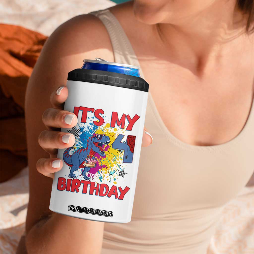 Dino Spider Its My 4th Birthday 4 in 1 Can Cooler Tumbler Dinosaur Gift For Boys TS12 Print Your Wear