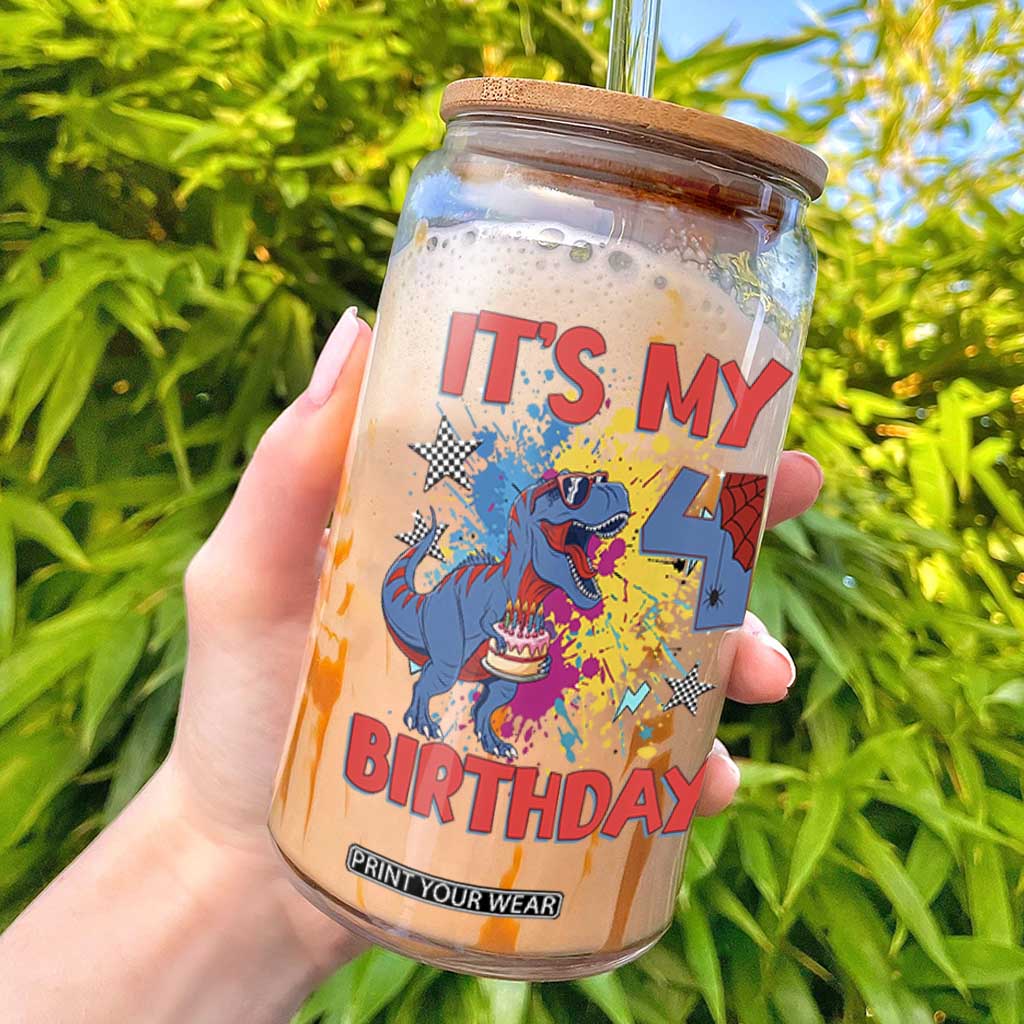 Dino Spider Its My 4th Birthday Glass Can Dinosaur Gift For Boys TS12 White Print Your Wear