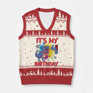 Dino Spider Its My 4th Birthday V-Neck Knit Sweater Vest Dinosaur Gift For Boys