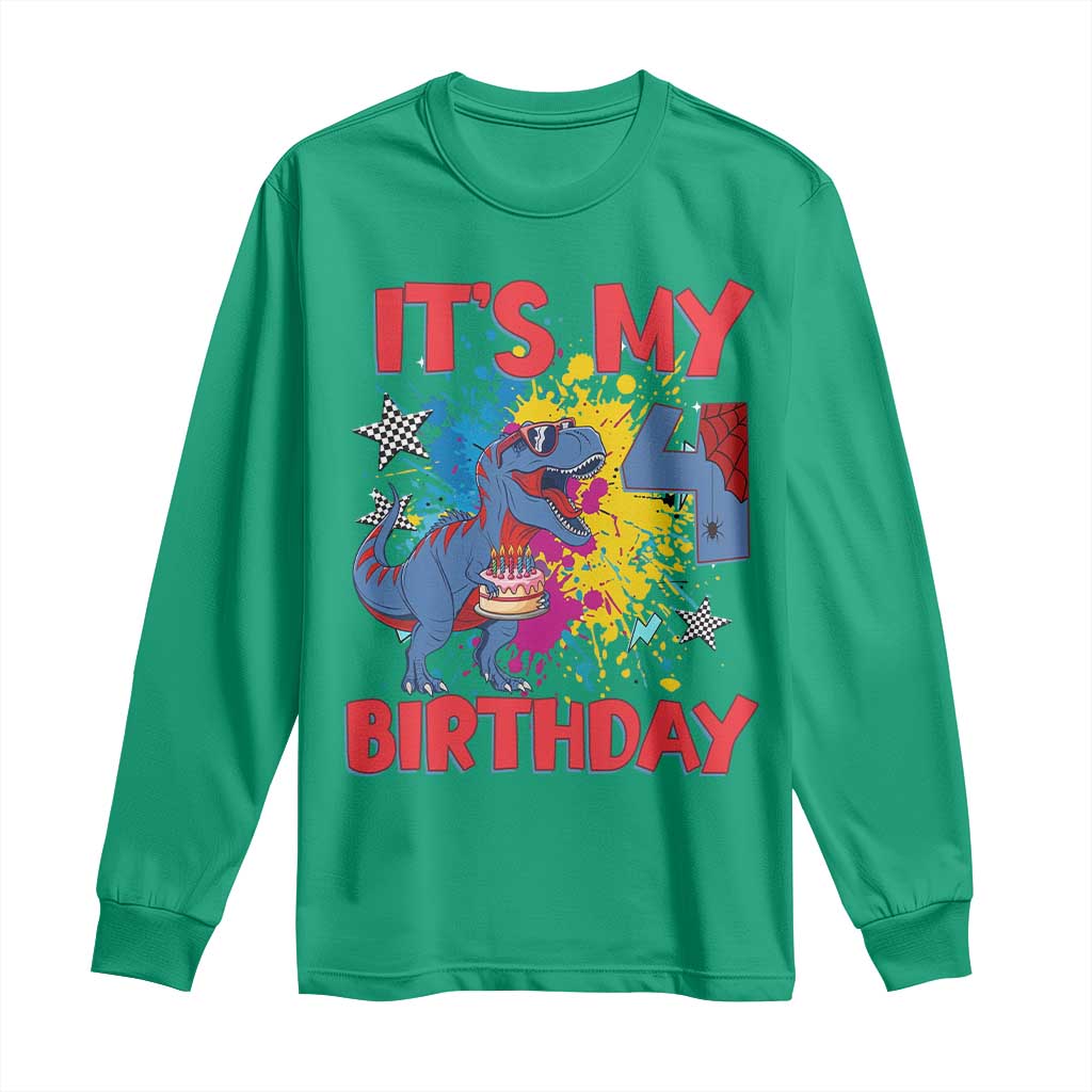 Dino Spider Its My 4th Birthday Long Sleeve Shirt Dinosaur Gift For Boys