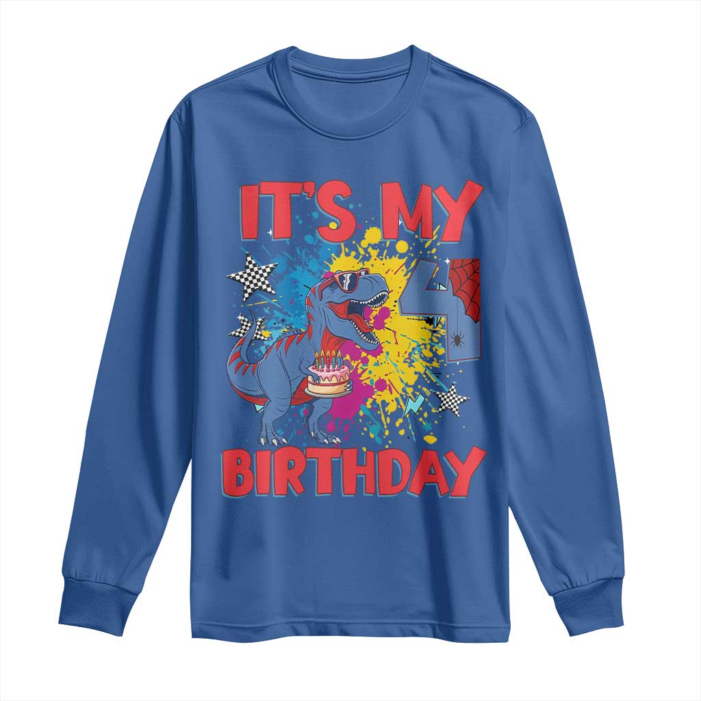 Dino Spider Its My 4th Birthday Long Sleeve Shirt Dinosaur Gift For Boys