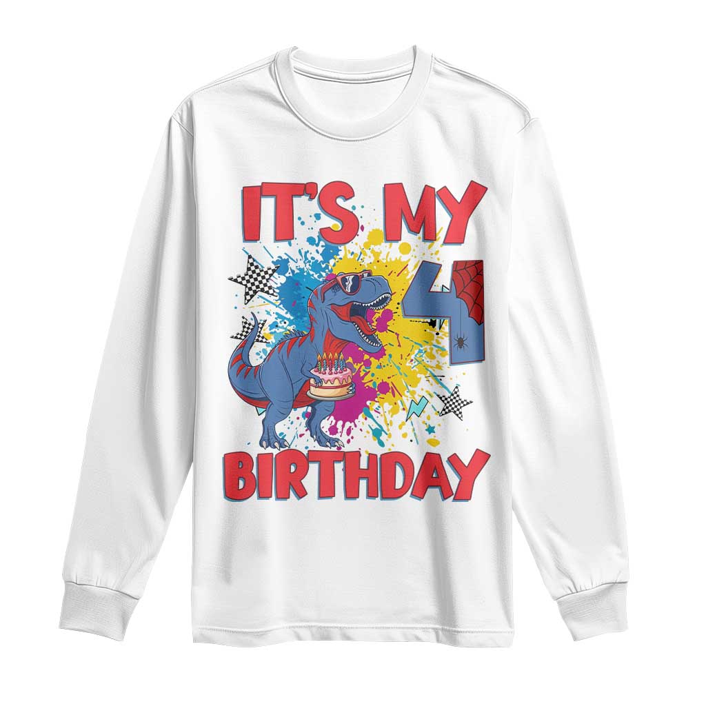 Dino Spider Its My 4th Birthday Long Sleeve Shirt Dinosaur Gift For Boys