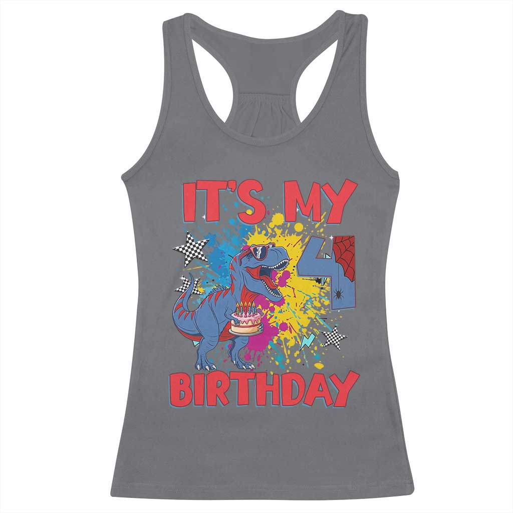 Dino Spider Its My 4th Birthday Racerback Tank Top Dinosaur Gift For Boys