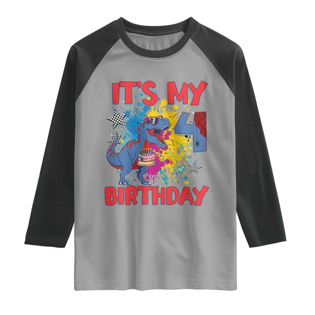 Dino Spider Its My 4th Birthday Raglan Shirt Dinosaur Gift For Boys