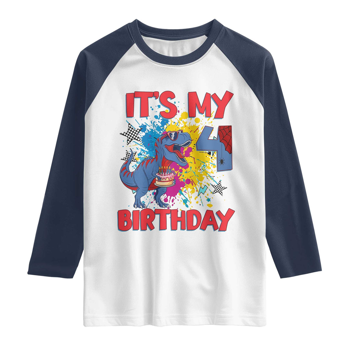Dino Spider Its My 4th Birthday Raglan Shirt Dinosaur Gift For Boys