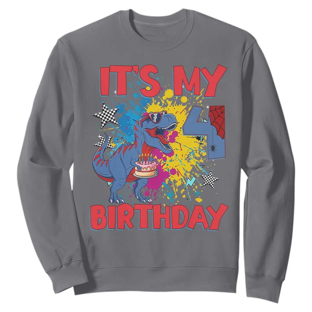 Dino Spider Its My 4th Birthday Sweatshirt Dinosaur Gift For Boys