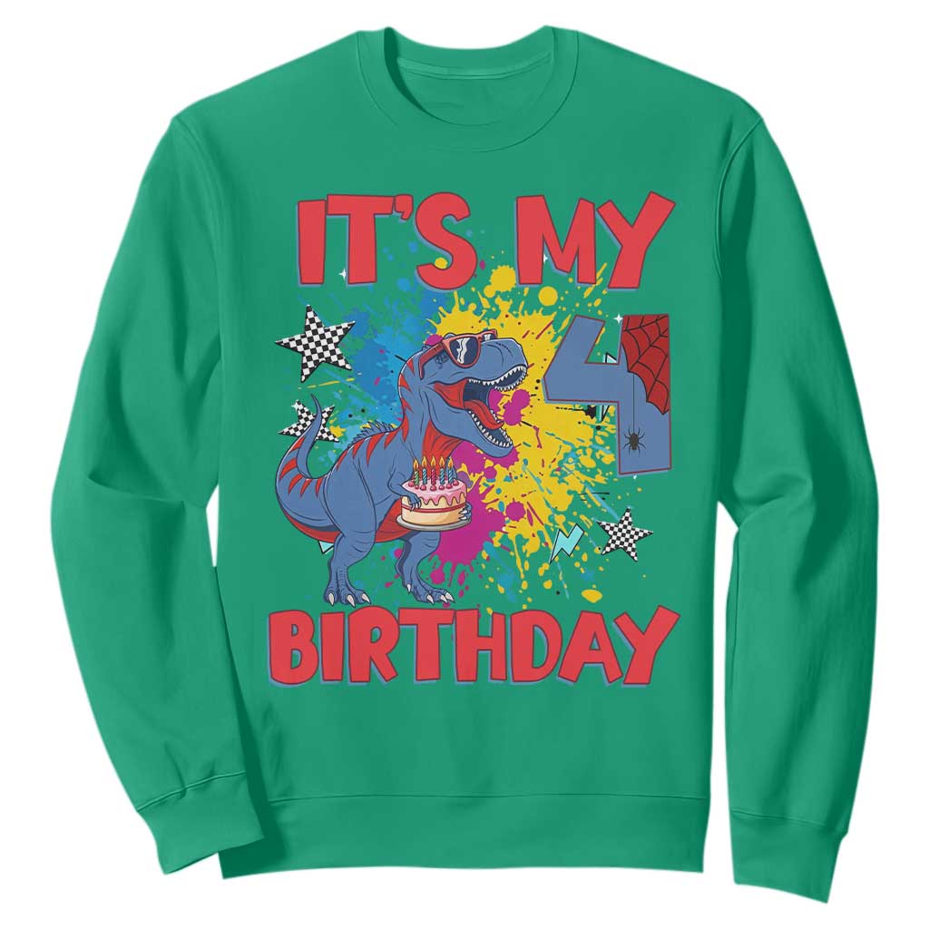 Dino Spider Its My 4th Birthday Sweatshirt Dinosaur Gift For Boys
