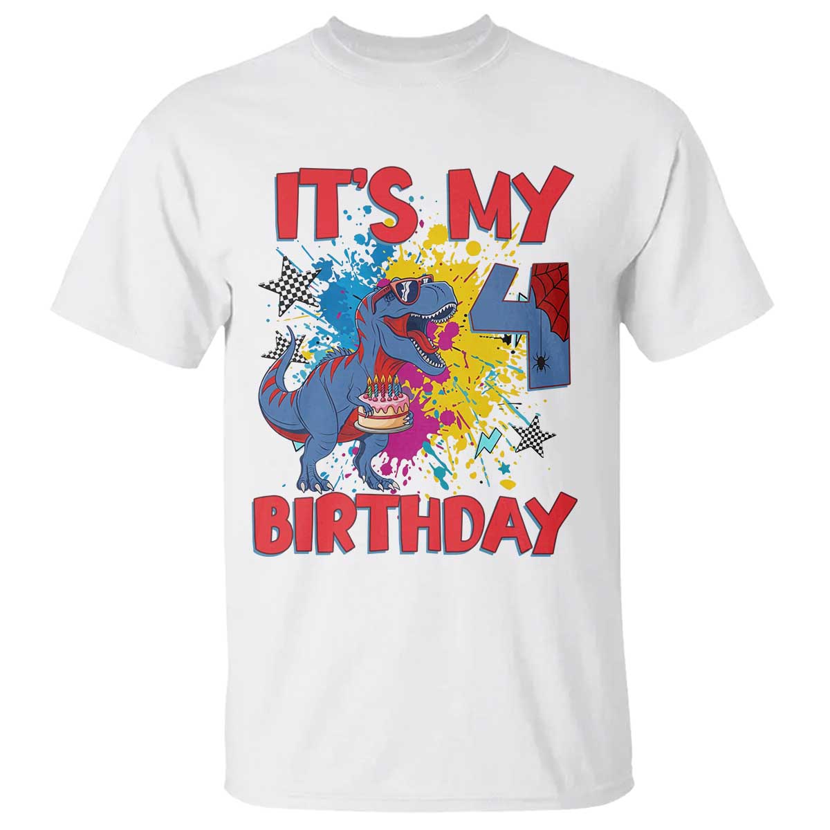 Dino Spider Its My 4th Birthday T Shirt Dinosaur Gift For Boys