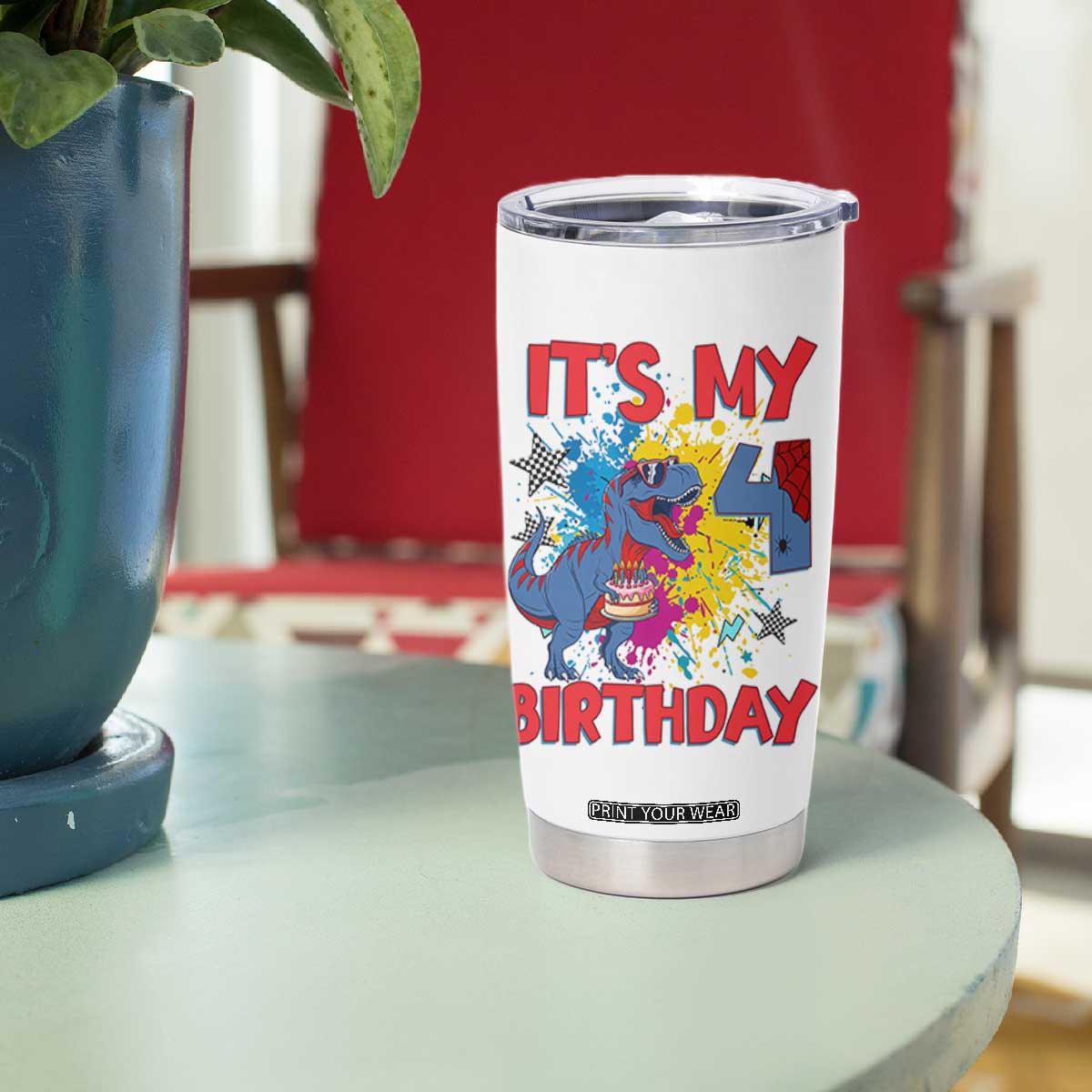 Dino Spider Its My 4th Birthday Tumbler Cup Dinosaur Gift For Boys TS12 Print Your Wear