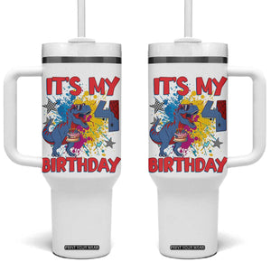 Dino Spider Its My 4th Birthday Tumbler With Handle Dinosaur Gift For Boys TS12 One Size: 40 oz White Print Your Wear