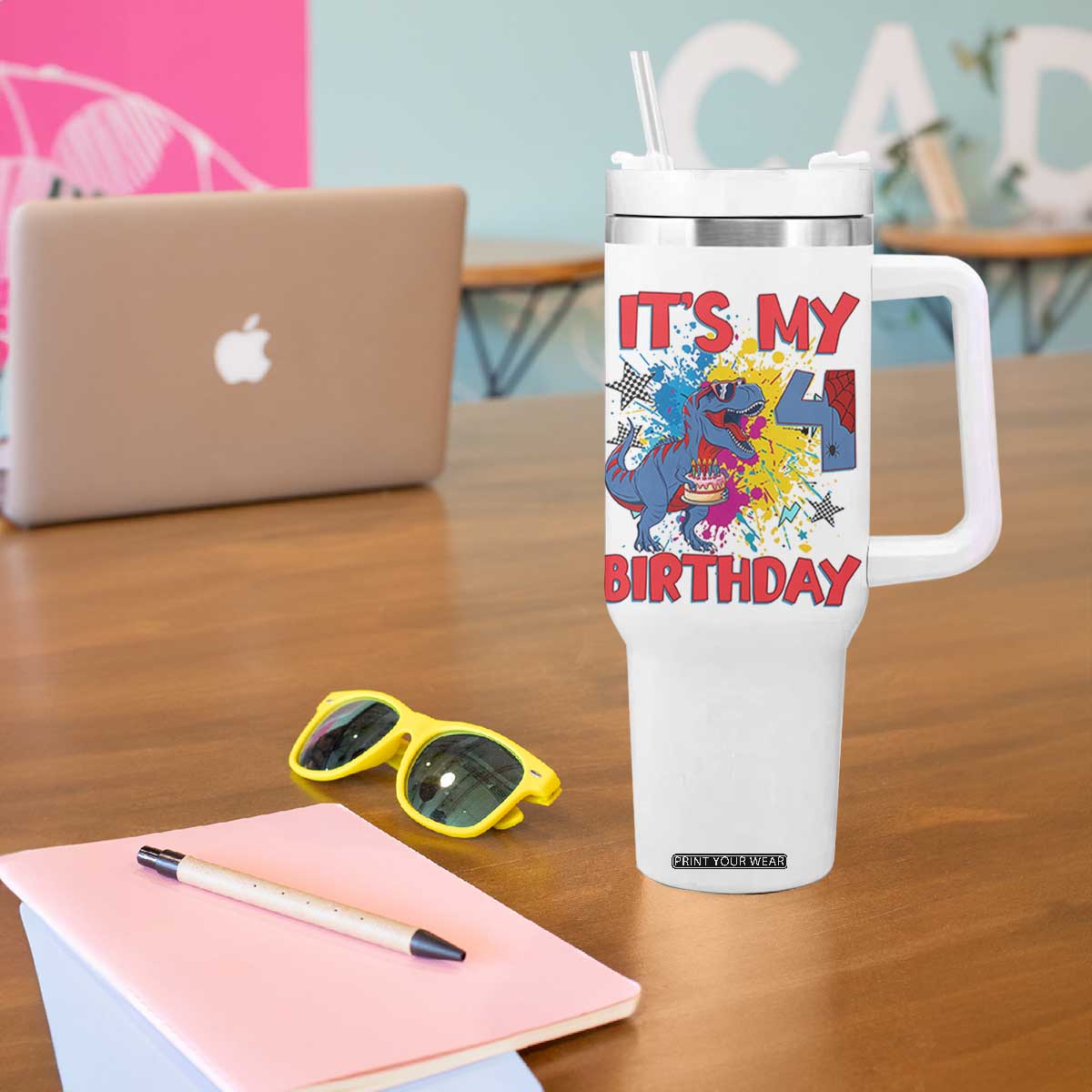 Dino Spider Its My 4th Birthday Tumbler With Handle Dinosaur Gift For Boys TS12 Print Your Wear
