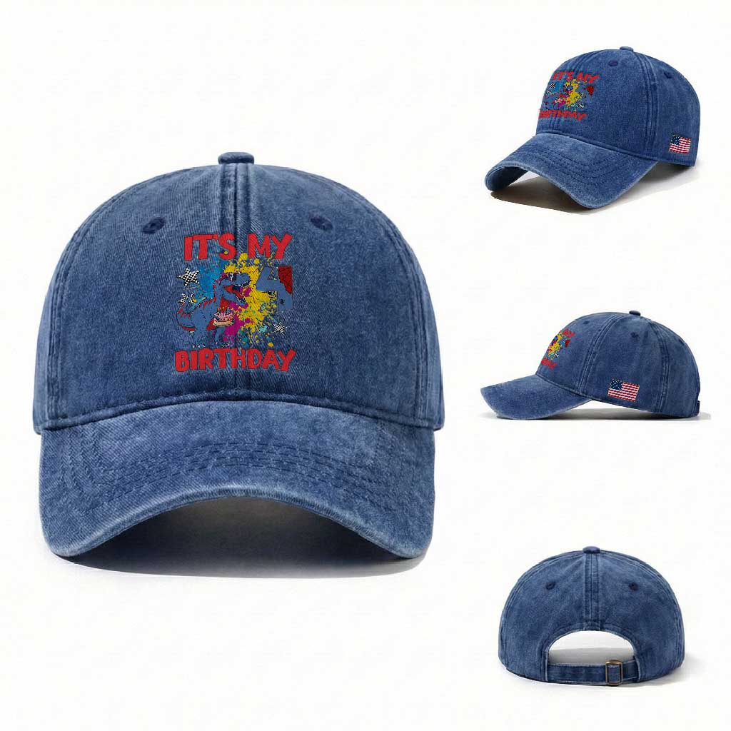 Dino Spider Its My 4th Birthday Washed Cotton Baseball Cap Dinosaur Gift For Boys