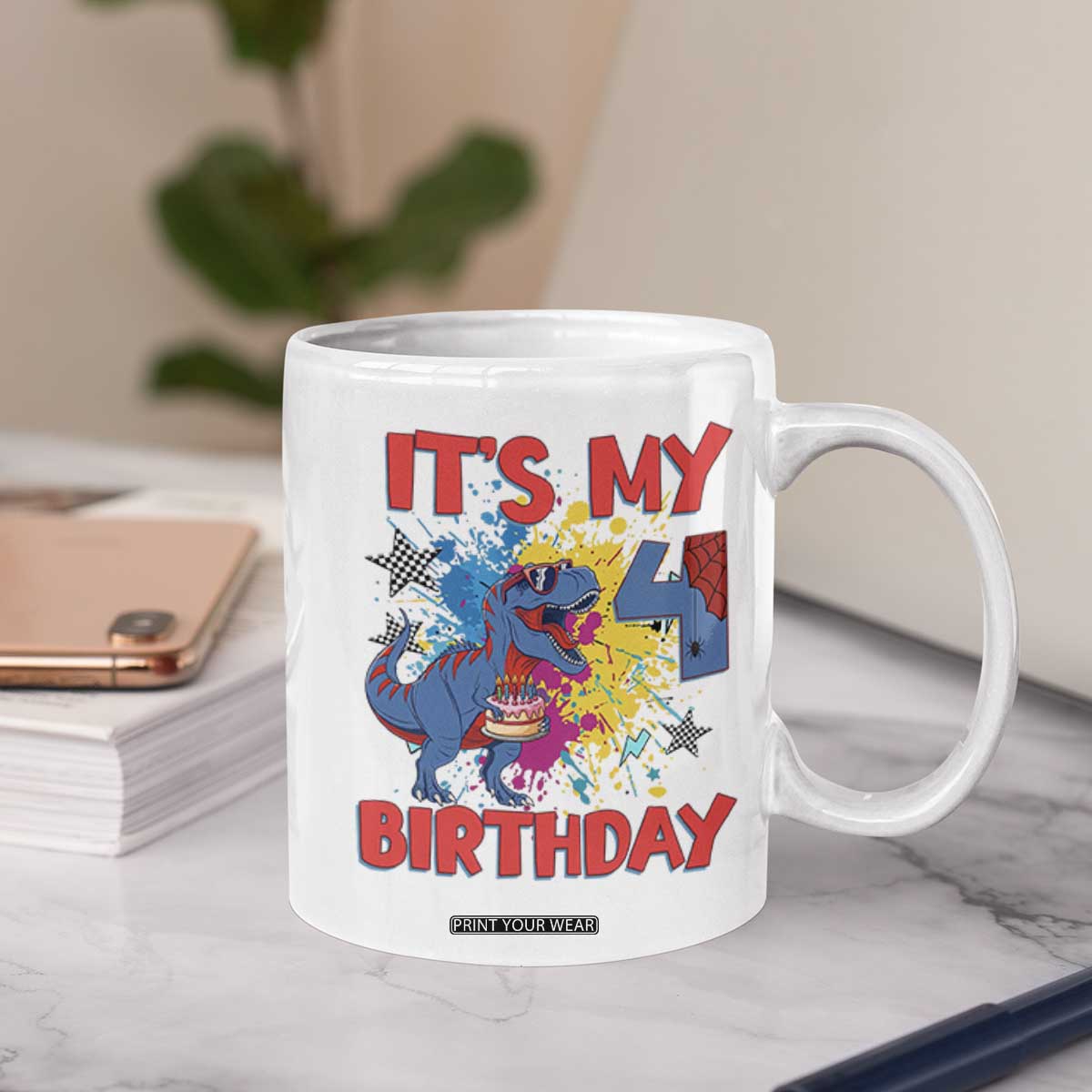 Dino Spider Its My 4th Birthday Coffee Mug Dinosaur Gift For Boys TS12 Print Your Wear
