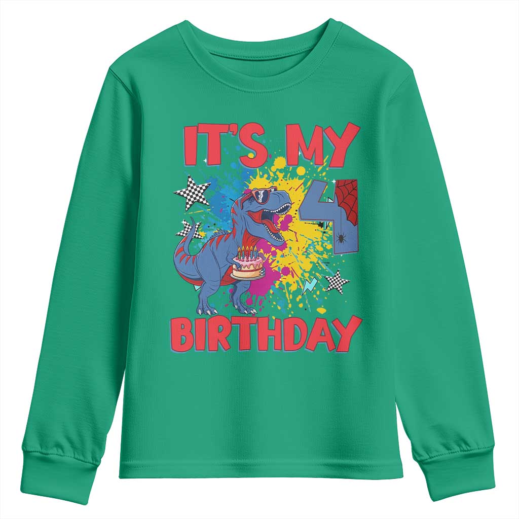 Dino Spider Its My 4th Birthday Youth Sweatshirt Dinosaur Gift For Boys