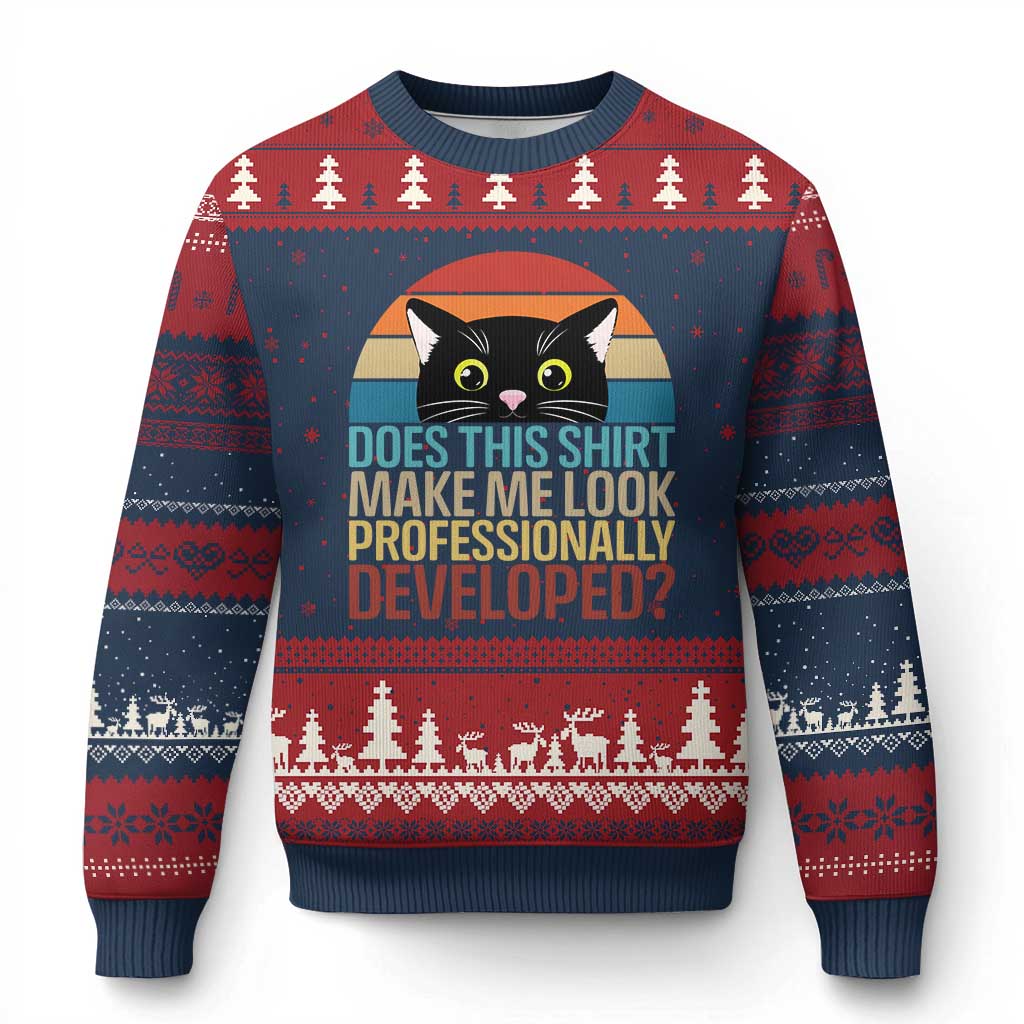 Vintage Black Cat Ugly Christmas Sweater Does This Shirt Make Me Look Professionally Developed TS12 Navy Red Print Your Wear