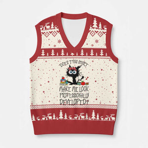 Funny Teacher Black Cat V-Neck Knit Sweater Vest Does This Shirt Make Me Look Professionally Developed