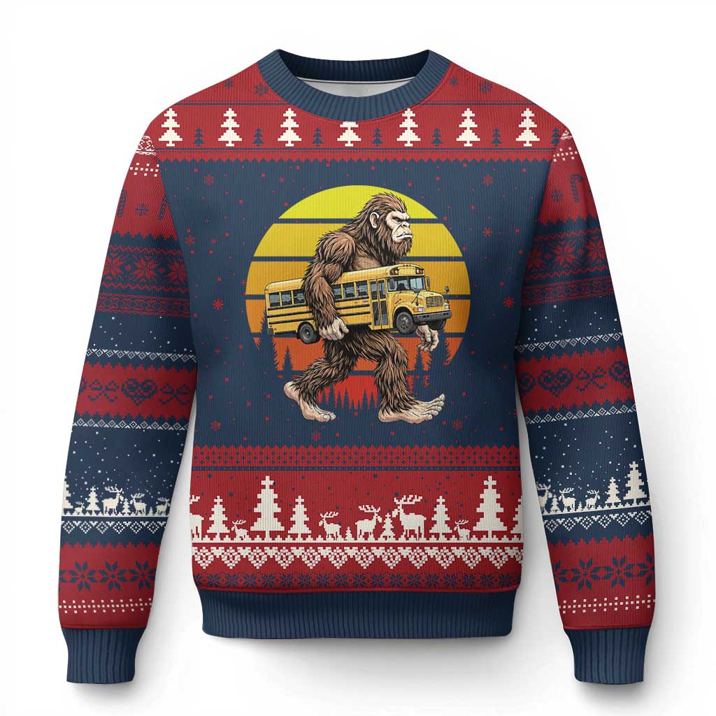 Funny Bigfoot School Bus Lover Ugly Christmas Sweater Sasquatch Back To School Vintage Gift TS12 Navy Red Print Your Wear