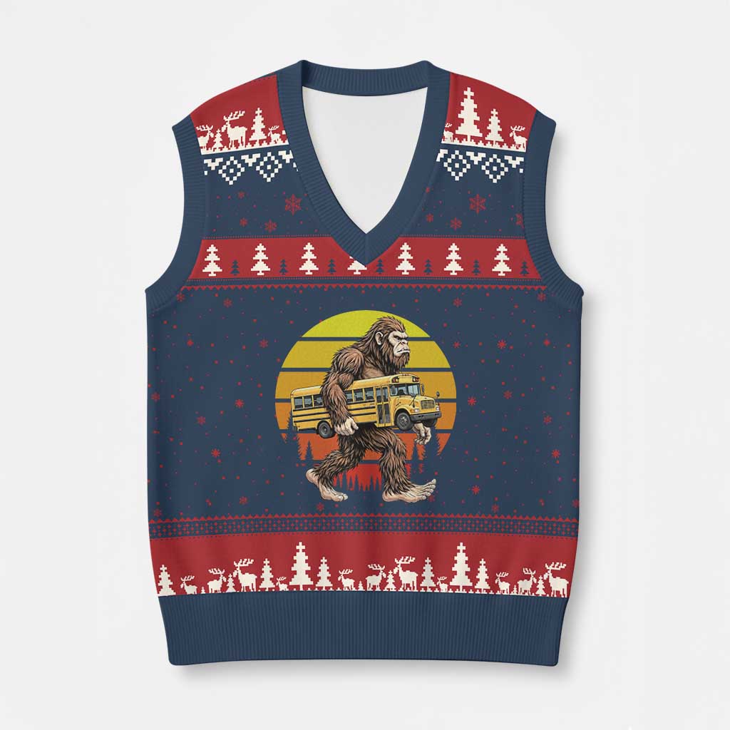 Funny Bigfoot School Bus Lover V-Neck Knit Sweater Vest Sasquatch Back To School Vintage Gift