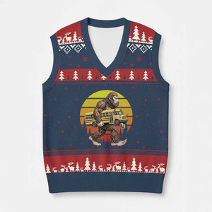 Funny Bigfoot School Bus Lover V-Neck Knit Sweater Vest Sasquatch Back To School Vintage Gift