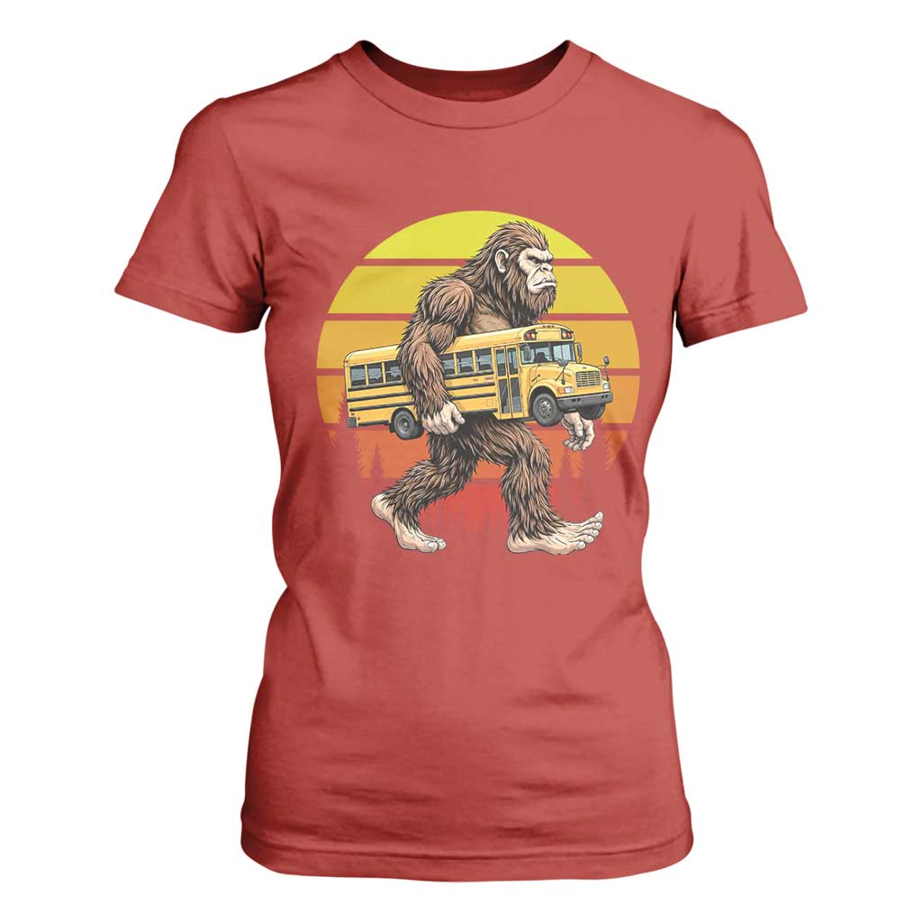 Funny Bigfoot School Bus Lover T Shirt For Women Sasquatch Back To School Vintage Gift