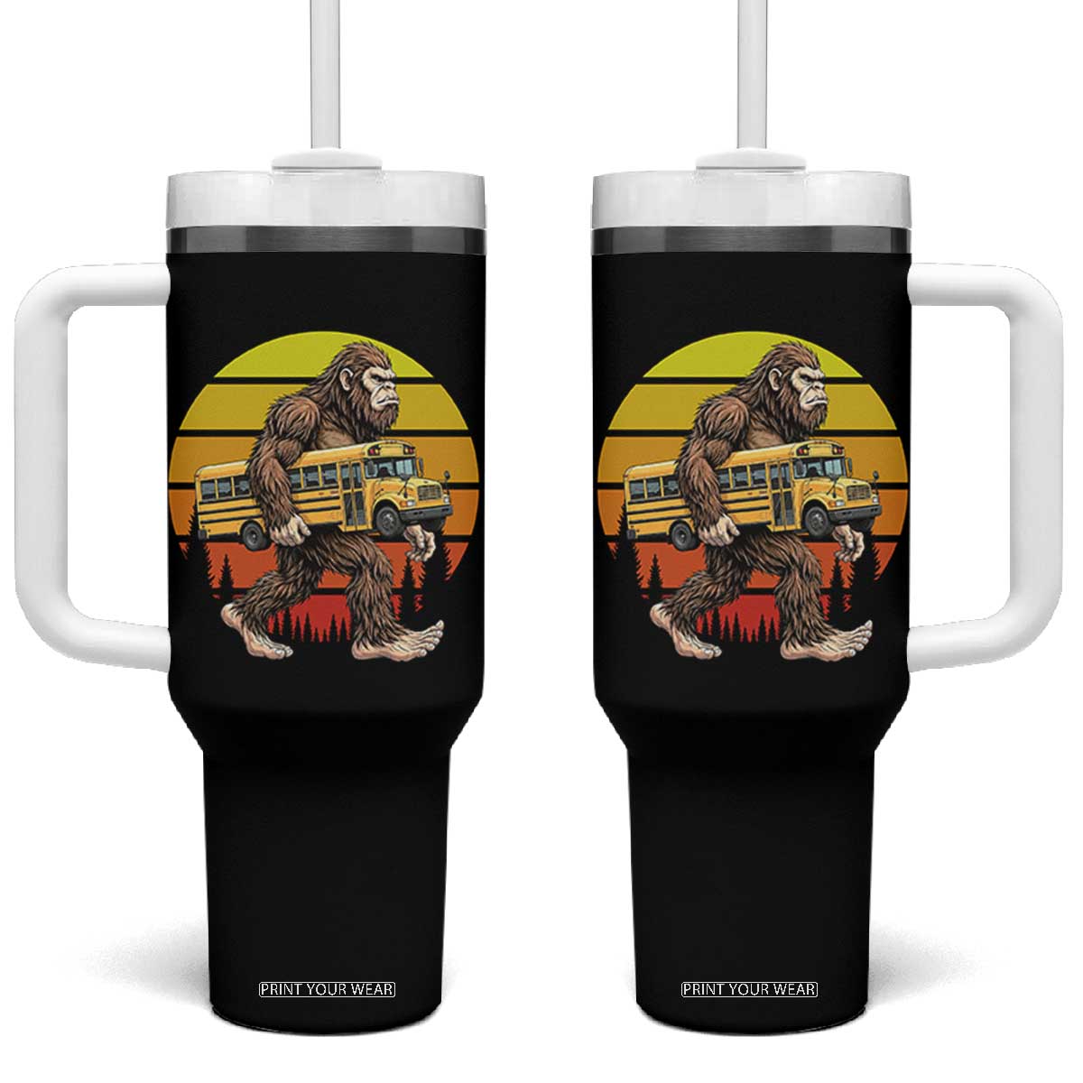 Funny Bigfoot School Bus Lover Tumbler With Handle Sasquatch Back To School Vintage Gift TS12 One Size: 40 oz Black Print Your Wear