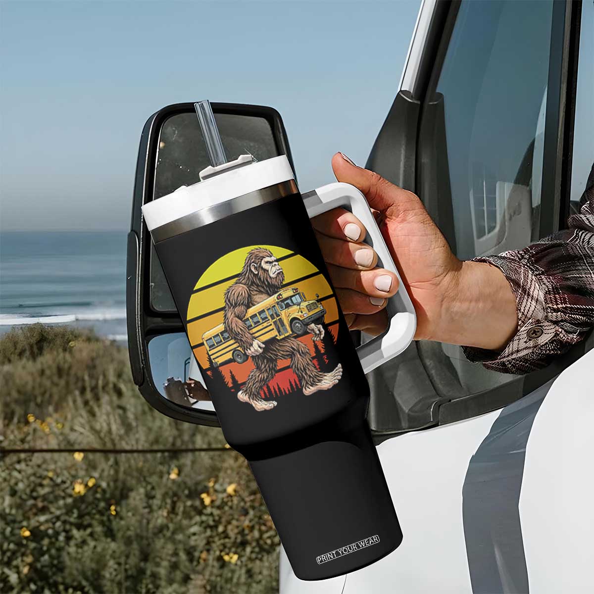 Funny Bigfoot School Bus Lover Tumbler With Handle Sasquatch Back To School Vintage Gift TS12 Print Your Wear