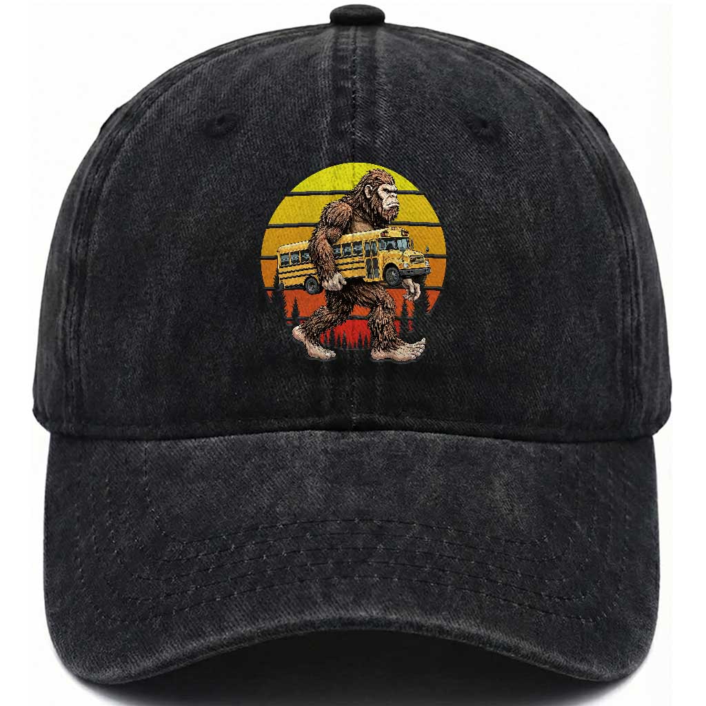 Funny Bigfoot School Bus Lover Washed Cotton Baseball Cap Sasquatch Back To School Vintage Gift