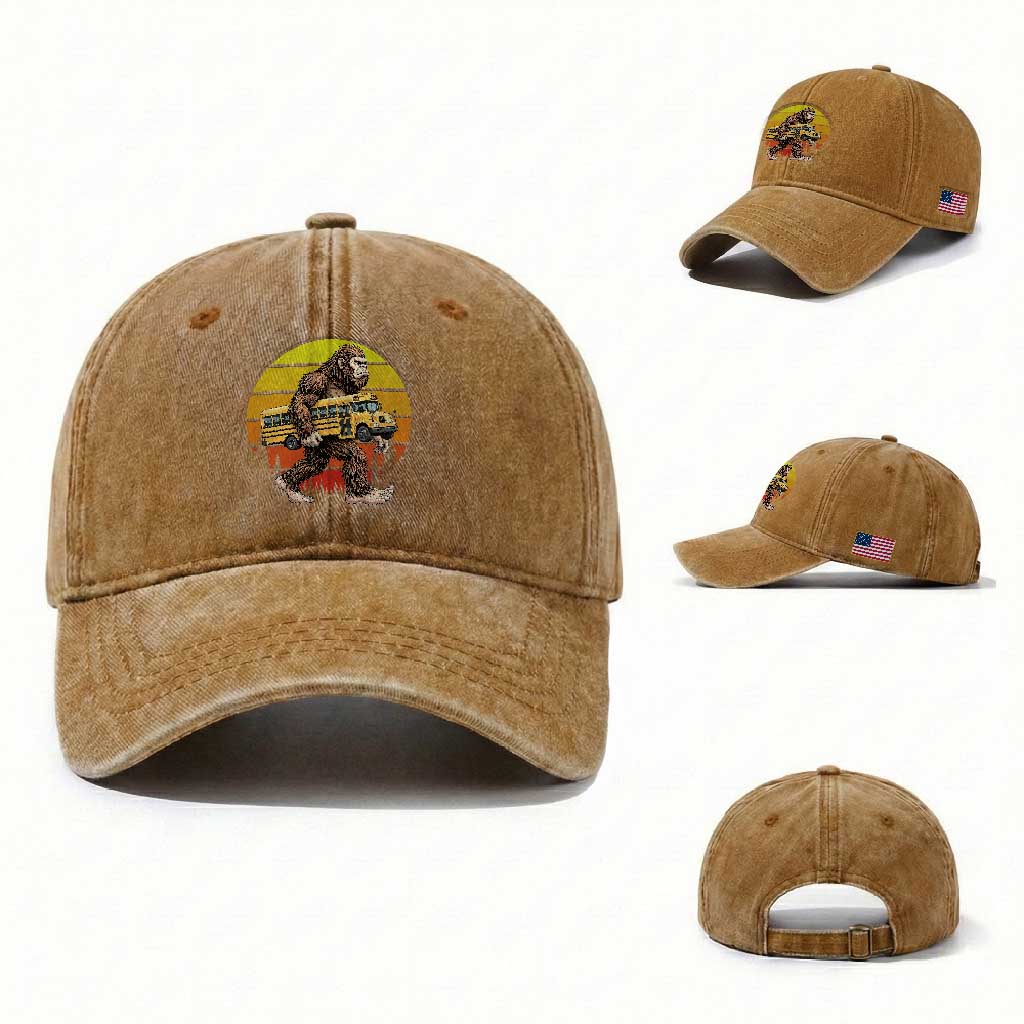 Funny Bigfoot School Bus Lover Washed Cotton Baseball Cap Sasquatch Back To School Vintage Gift