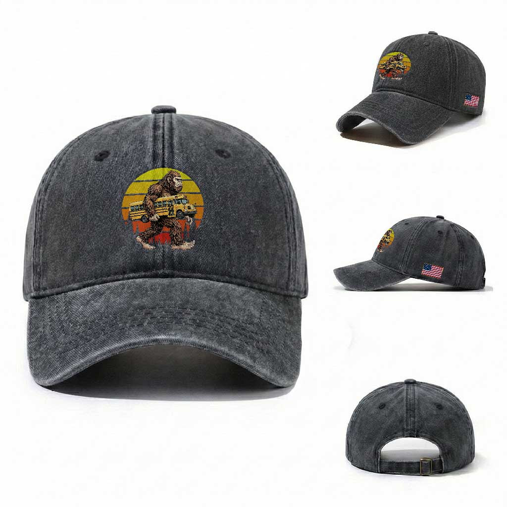 Funny Bigfoot School Bus Lover Washed Cotton Baseball Cap Sasquatch Back To School Vintage Gift