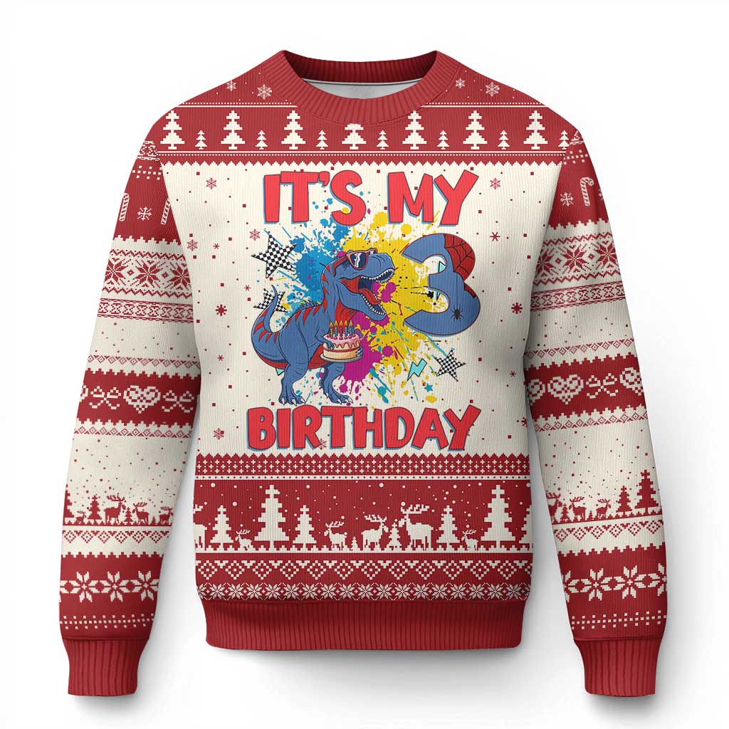 Dino Spider Its My 3rd Birthday Ugly Christmas Sweater Dinosaur Gift For Boys