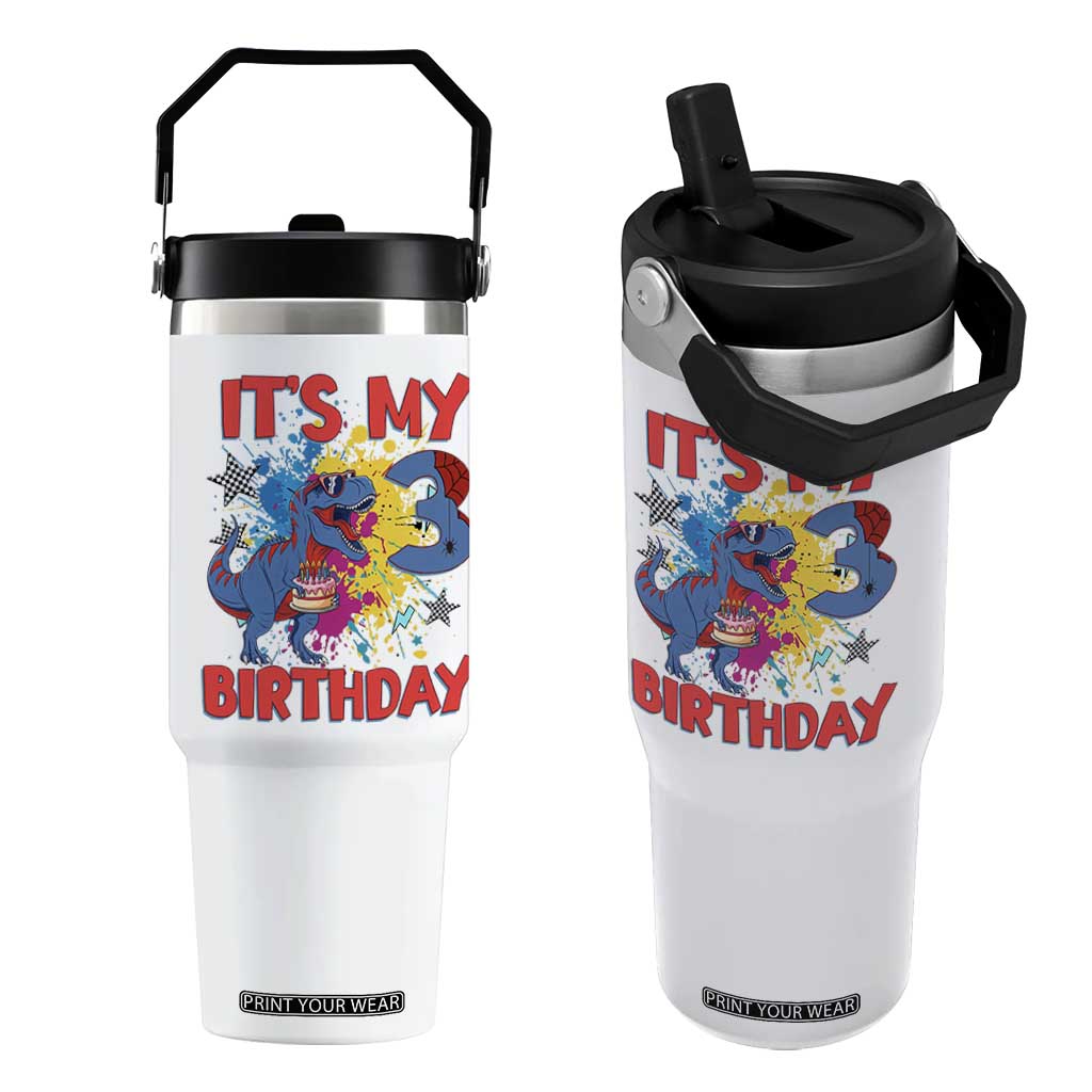 Dino Spider Its My 3rd Birthday Flip Straw Tumbler Dinosaur Gift For Boys TS12 One Size: 30 oz White Print Your Wear