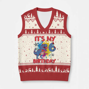 Dino Spider Its My 6th Birthday V-Neck Knit Sweater Vest Dinosaur Gift For Boys