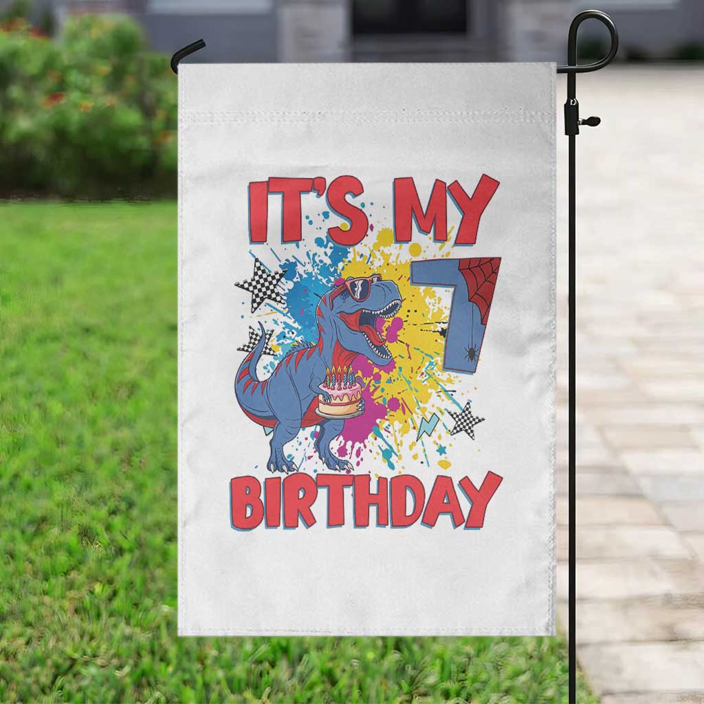 Dino Spider Its My 7th Birthday Garden Flag Dinosaur Gift For Boys