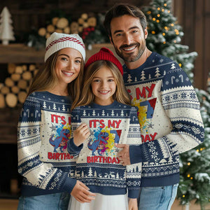 Dino Spider Its My 7th Birthday Ugly Christmas Sweater Dinosaur Gift For Boys