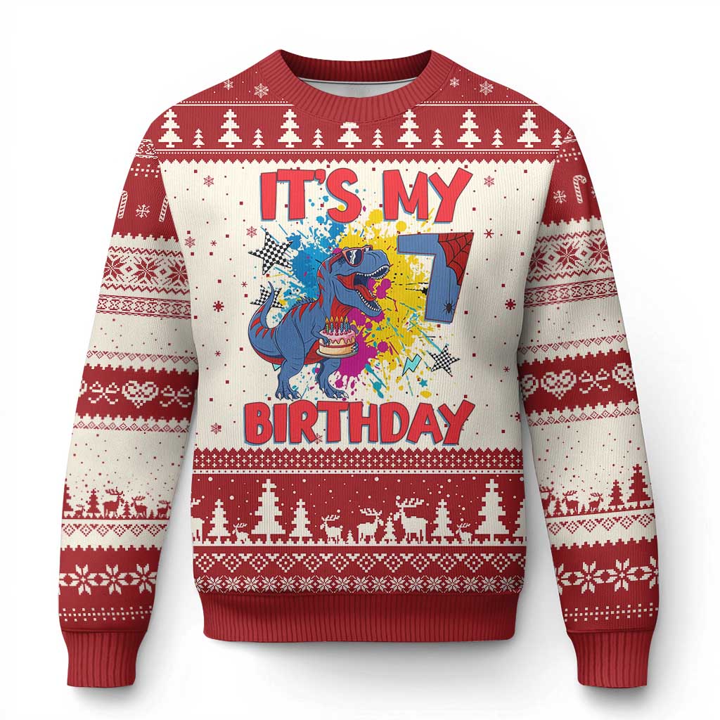 Dino Spider Its My 7th Birthday Ugly Christmas Sweater Dinosaur Gift For Boys
