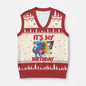 Dino Spider Its My 7th Birthday V-Neck Knit Sweater Vest Dinosaur Gift For Boys