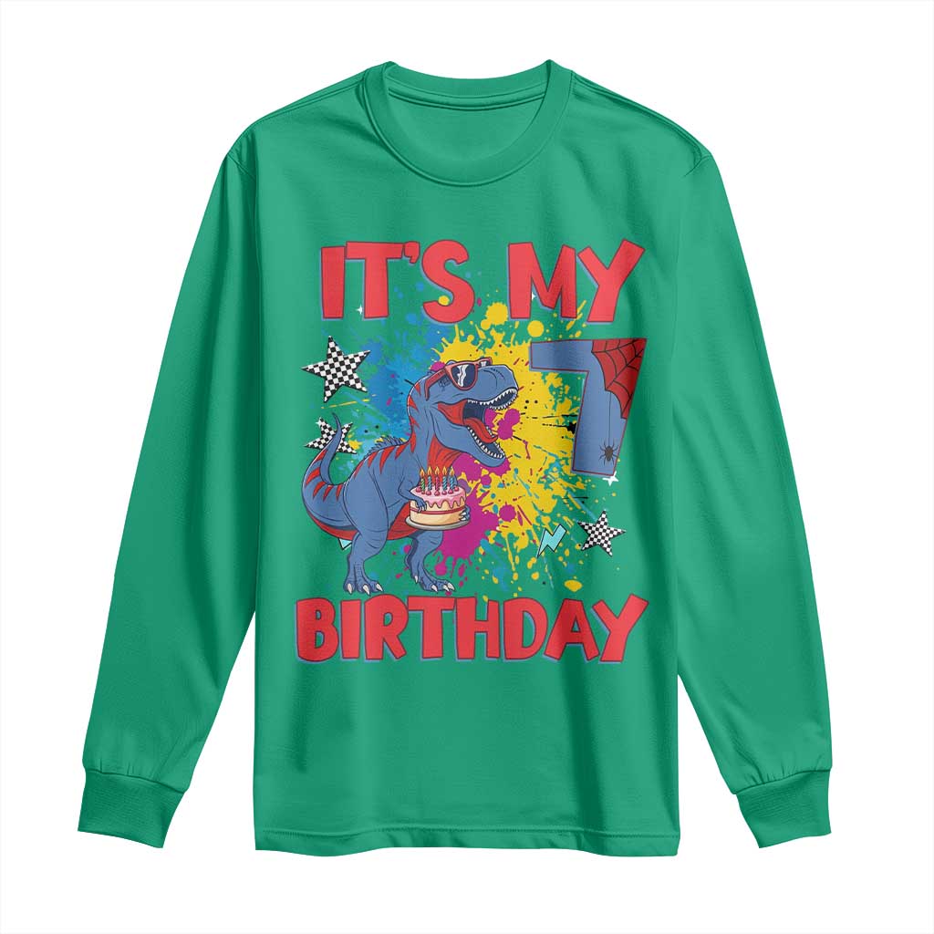 Dino Spider Its My 7th Birthday Long Sleeve Shirt Dinosaur Gift For Boys