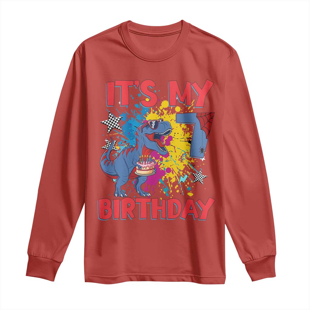 Dino Spider Its My 7th Birthday Long Sleeve Shirt Dinosaur Gift For Boys