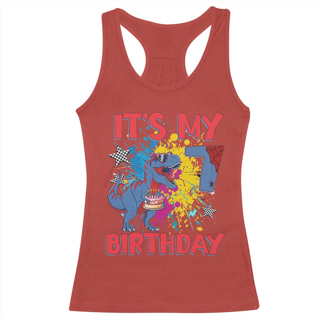 Dino Spider Its My 7th Birthday Racerback Tank Top Dinosaur Gift For Boys