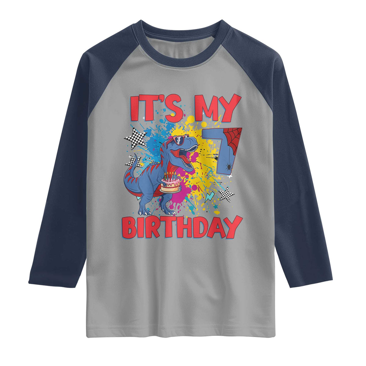 Dino Spider Its My 7th Birthday Raglan Shirt Dinosaur Gift For Boys