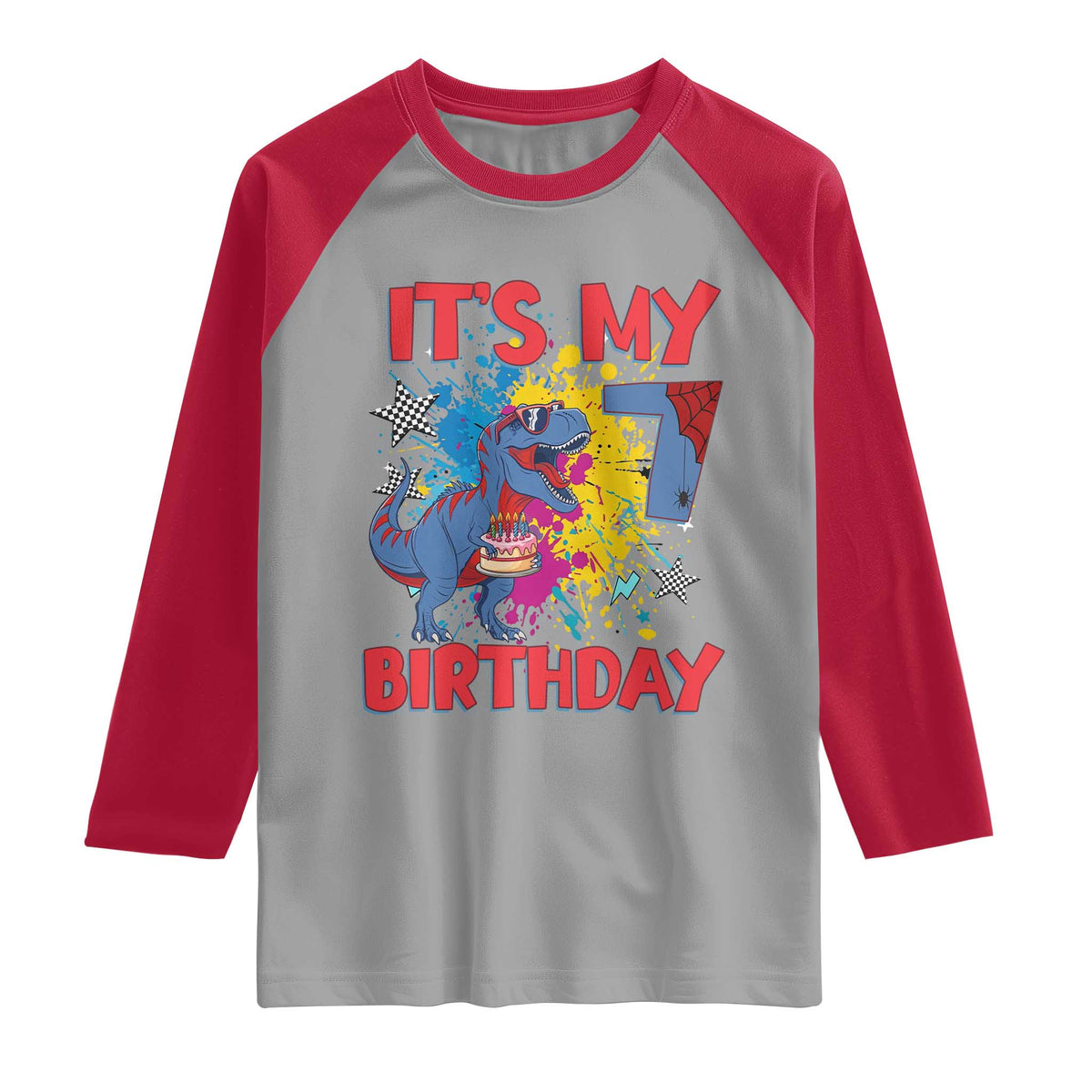 Dino Spider Its My 7th Birthday Raglan Shirt Dinosaur Gift For Boys