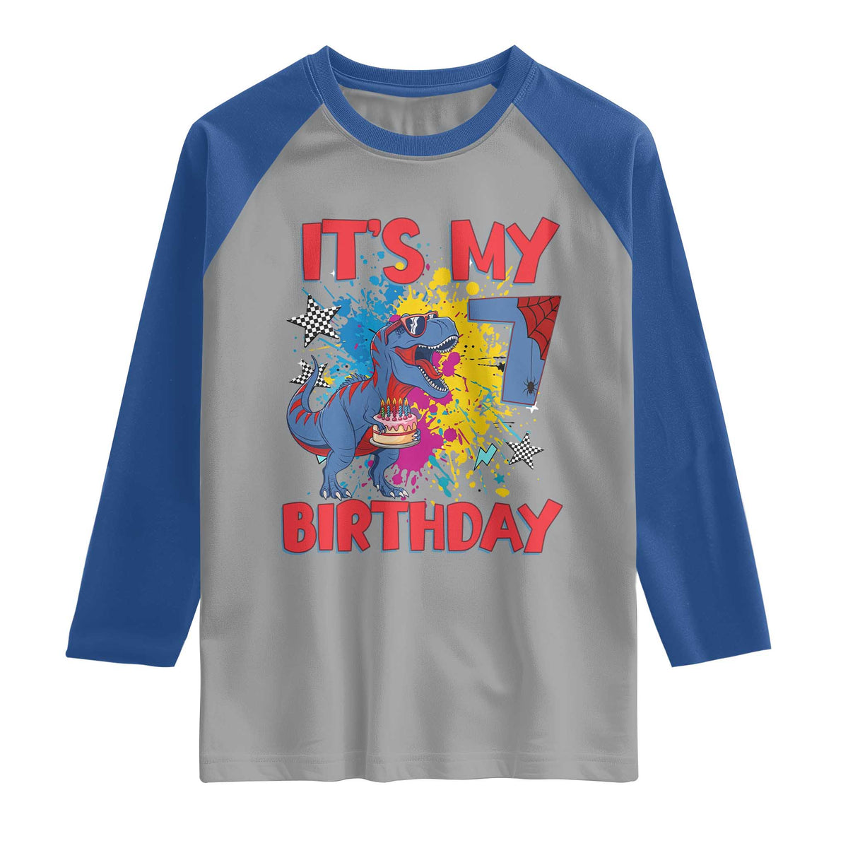 Dino Spider Its My 7th Birthday Raglan Shirt Dinosaur Gift For Boys